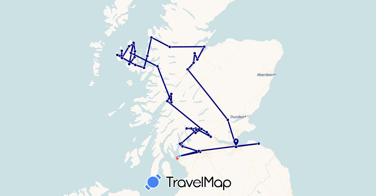 TravelMap itinerary: driving, plane, hiking, boat in United Kingdom (Europe)
